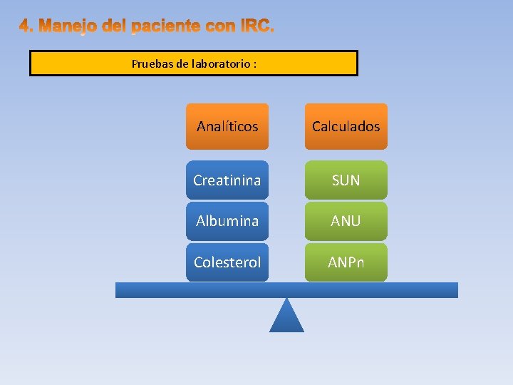 Pruebas de laboratorio : Analíticos Calculados Creatinina SUN Albumina ANU Colesterol ANPn 