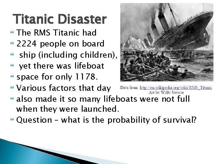 Titanic Disaster The RMS Titanic had 2224 people on board ship (including children), yet