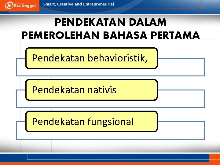 PENDEKATAN DALAM PEMEROLEHAN BAHASA PERTAMA Pendekatan behavioristik, Pendekatan nativis Pendekatan fungsional 