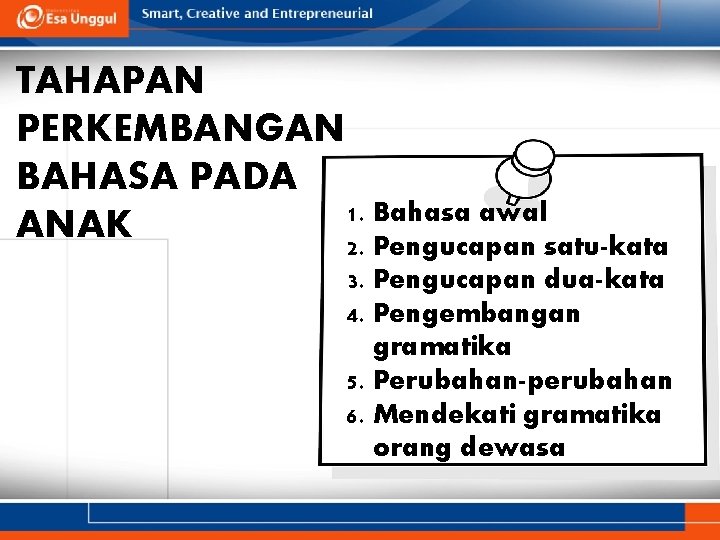 TAHAPAN PERKEMBANGAN BAHASA PADA 1. Bahasa awal ANAK 2. Pengucapan satu-kata 3. Pengucapan dua-kata