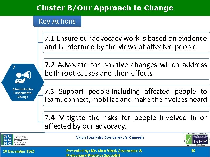 Cluster B/Our Approach to Change Key Actions 7. 1 Ensure our advocacy work is