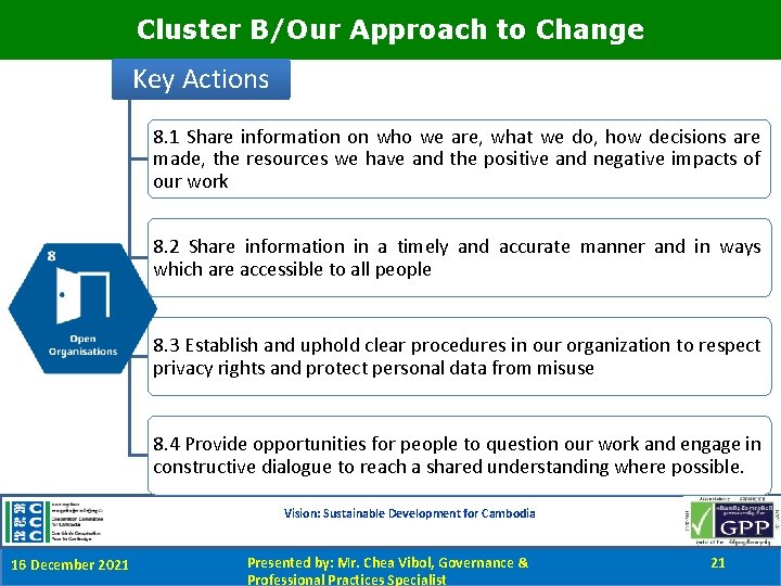 Cluster B/Our Approach to Change Key Actions 8. 1 Share information on who we