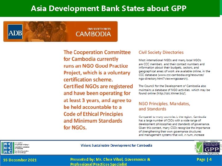 Asia Development Bank States about GPP Vision: Sustainable Development for Cambodia 16 December 2021
