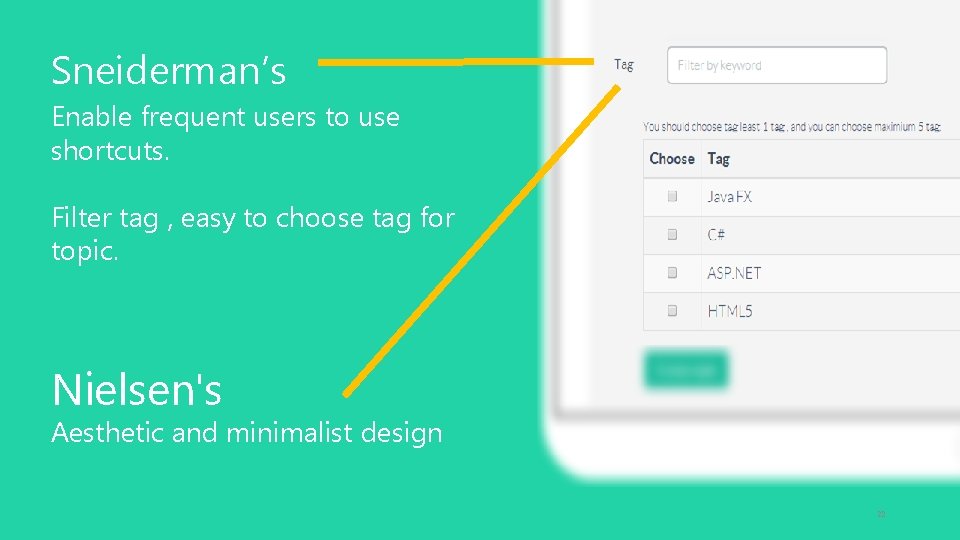 Sneiderman’s Enable frequent users to use shortcuts. Filter tag , easy to choose tag