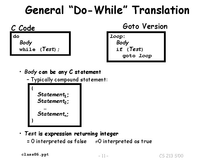 General “Do-While” Translation Goto Version C Code do loop: Body if (Test) goto loop