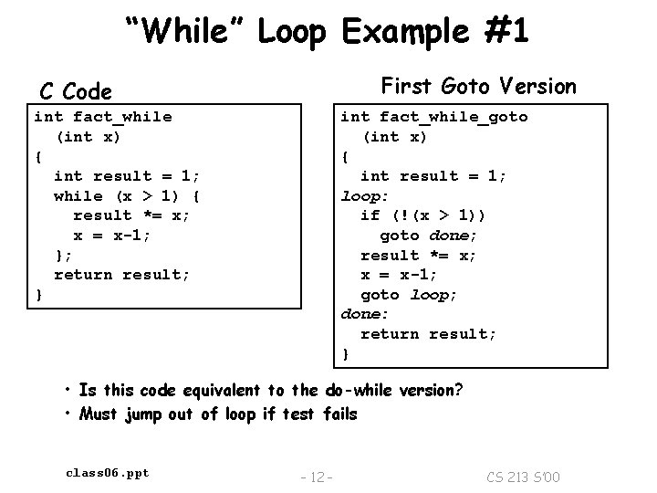 “While” Loop Example #1 First Goto Version C Code int fact_while (int x) {