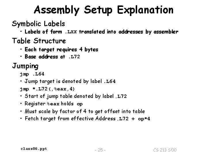 Assembly Setup Explanation Symbolic Labels • Labels of form. LXX translated into addresses by