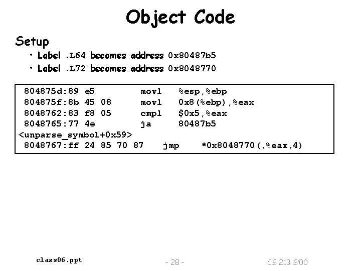 Object Code Setup • Label. L 64 becomes address 0 x 80487 b 5