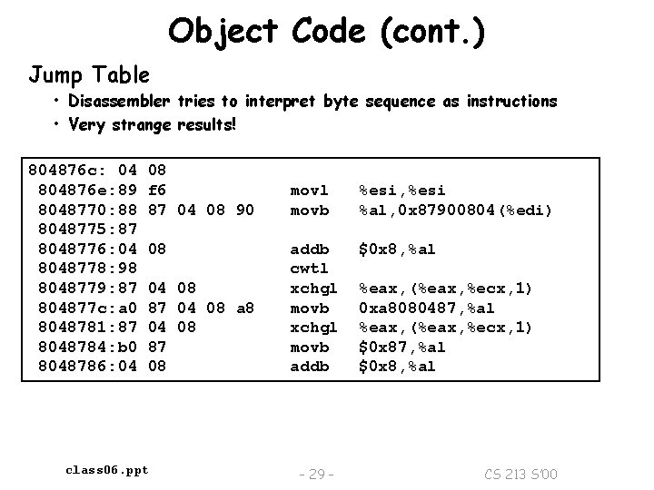 Object Code (cont. ) Jump Table • Disassembler tries to interpret byte sequence as