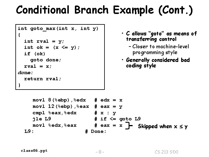 Conditional Branch Example (Cont. ) int goto_max(int x, int y) { int rval =