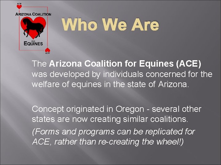 Who We Are The Arizona Coalition for Equines (ACE) was developed by individuals concerned