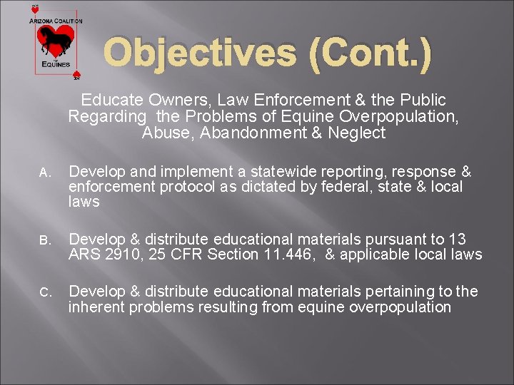 Objectives (Cont. ) Educate Owners, Law Enforcement & the Public Regarding the Problems of