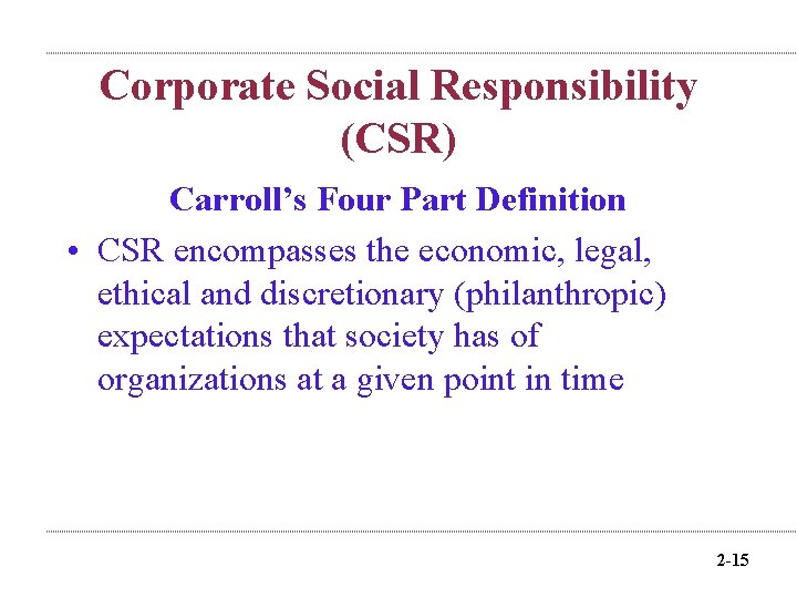 Corporate Social Responsibility (CSR) Carroll’s Four Part Definition • CSR encompasses the economic, legal,