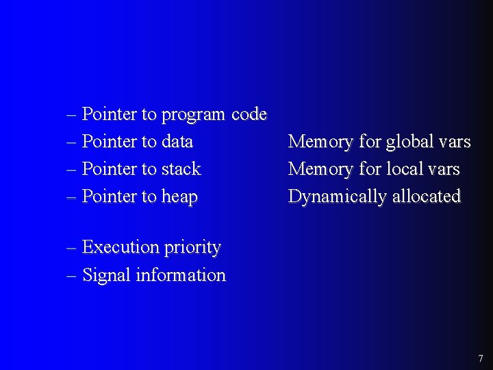 – Pointer to program code – Pointer to data – Pointer to stack – – Pointer to program code – Pointer to data – Pointer to stack –
