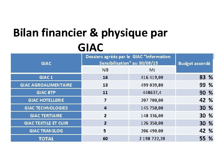 Bilan financier & physique par GIAC Dossiers agréés par le GIAC "Information Sensibilisation" au