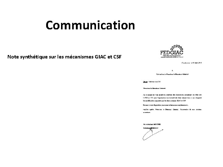 Communication Note synthétique sur les mécanismes GIAC et CSF 