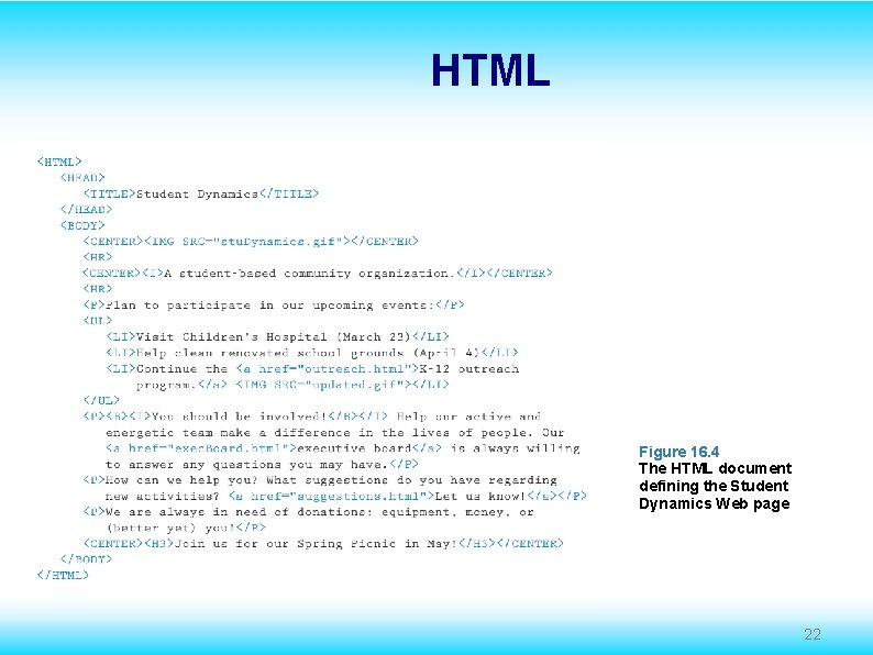 HTML Figure 16. 4 The HTML document defining the Student Dynamics Web page 22