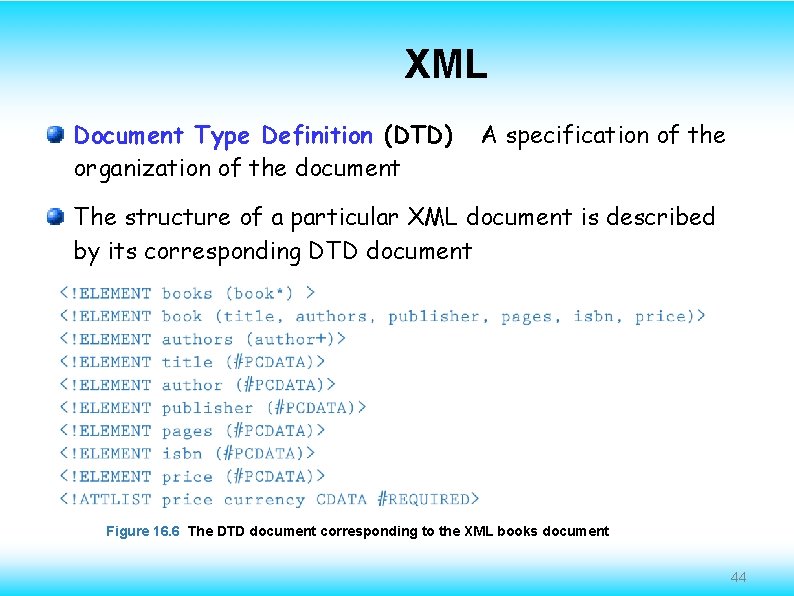 XML Document Type Definition (DTD) organization of the document A specification of the The