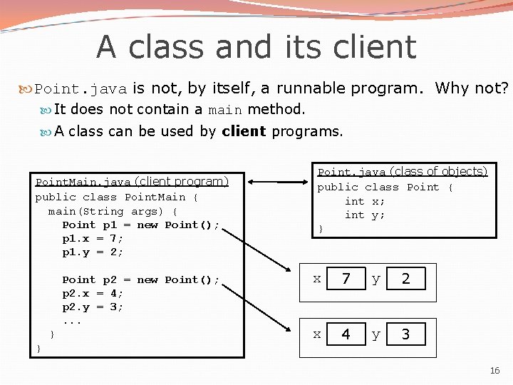 A class and its client Point. java is not, by itself, a runnable program.