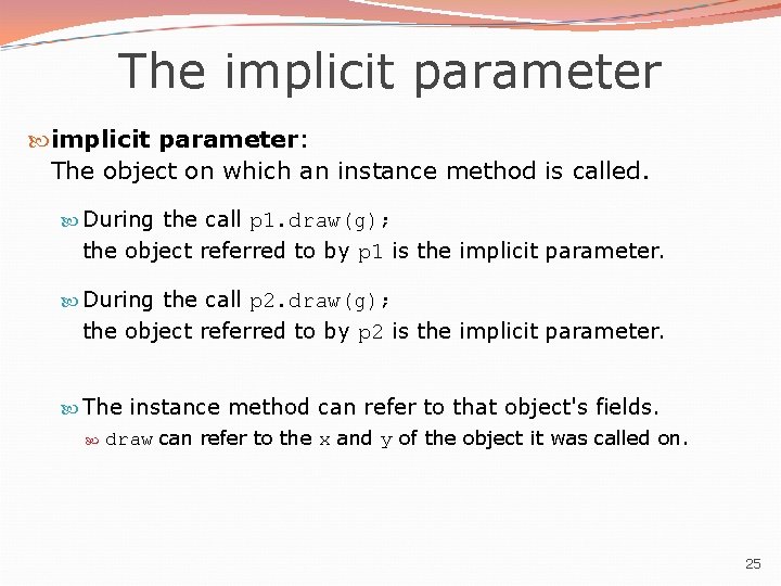 The implicit parameter: The object on which an instance method is called. During the