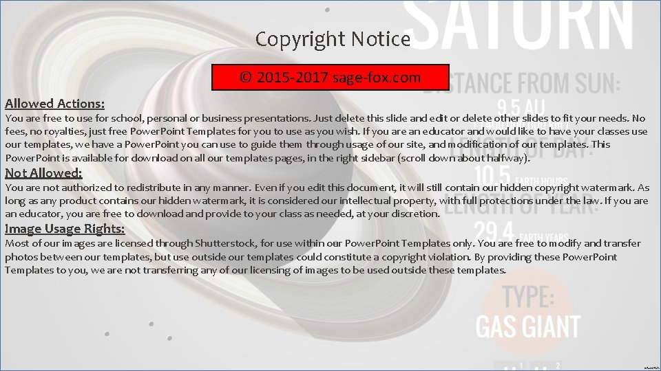 Copyright Notice © 2015 -2017 sage-fox. com Allowed Actions: You are free to use