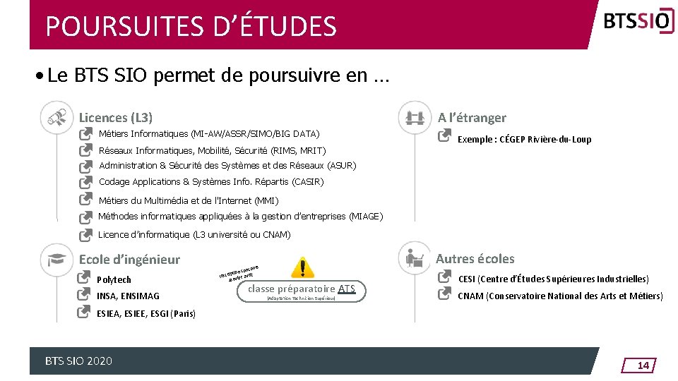 POURSUITES D’ÉTUDES • Le BTS SIO permet de poursuivre en … Licences (L 3)