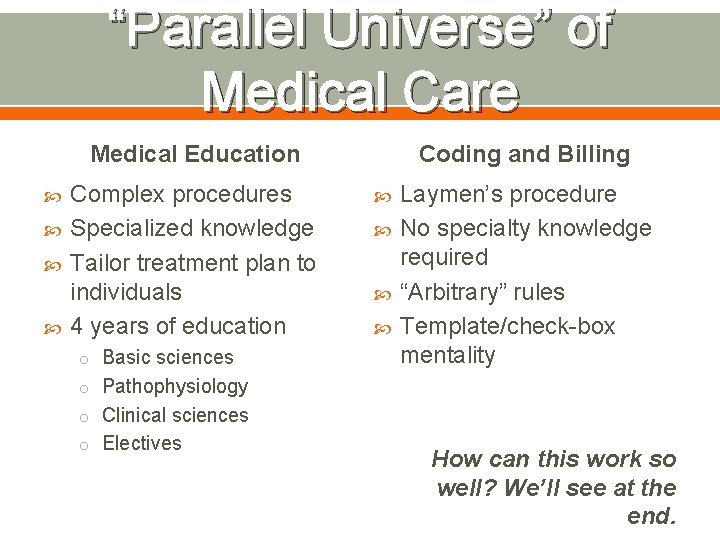 “Parallel Universe” of Medical Care Medical Education Complex procedures Specialized knowledge Tailor treatment plan