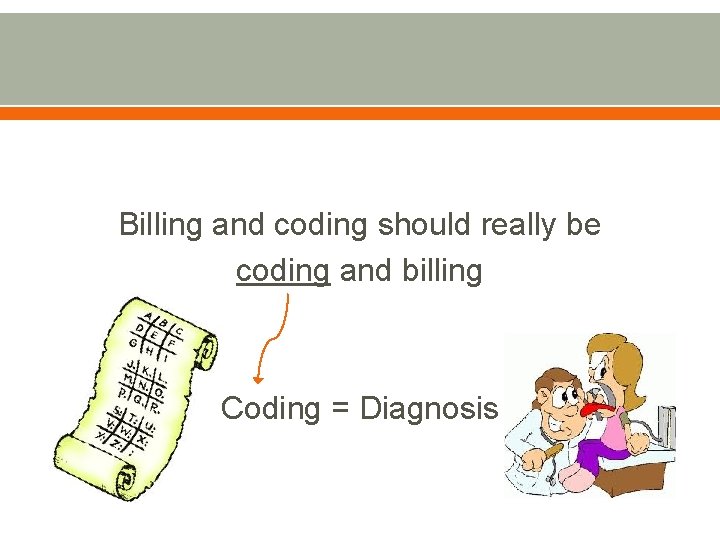 Billing and coding should really be coding and billing Coding = Diagnosis 
