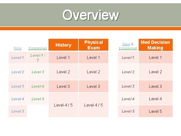 Overview History Physical Exam Established Med Decision Making New & New Established Level 1