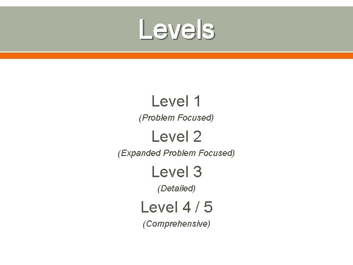 Levels Level 1 (Problem Focused) Level 2 (Expanded Problem Focused) Level 3 (Detailed) Level