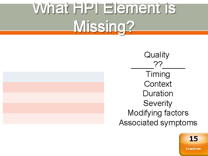 What HPI Element is Missing? Quality _____? ? _____ Timing Context Duration Severity Modifying