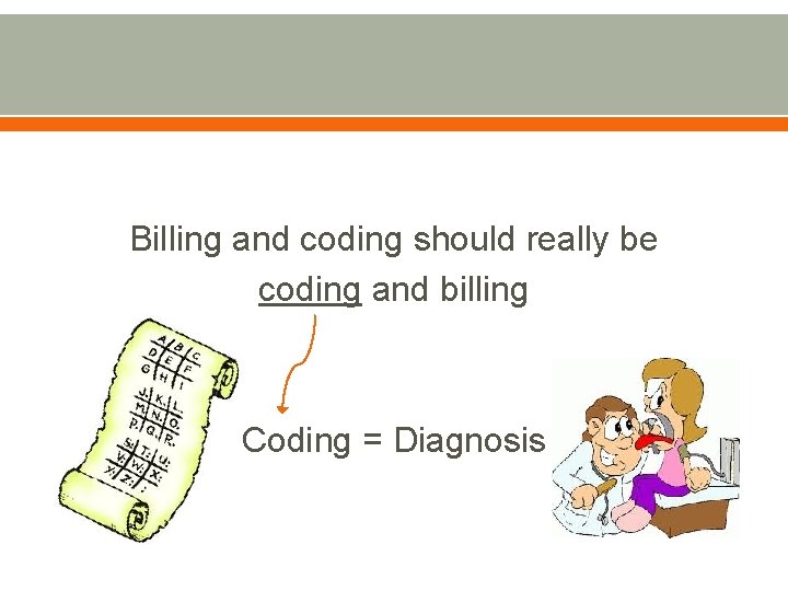 Billing and coding should really be coding and billing Coding = Diagnosis 