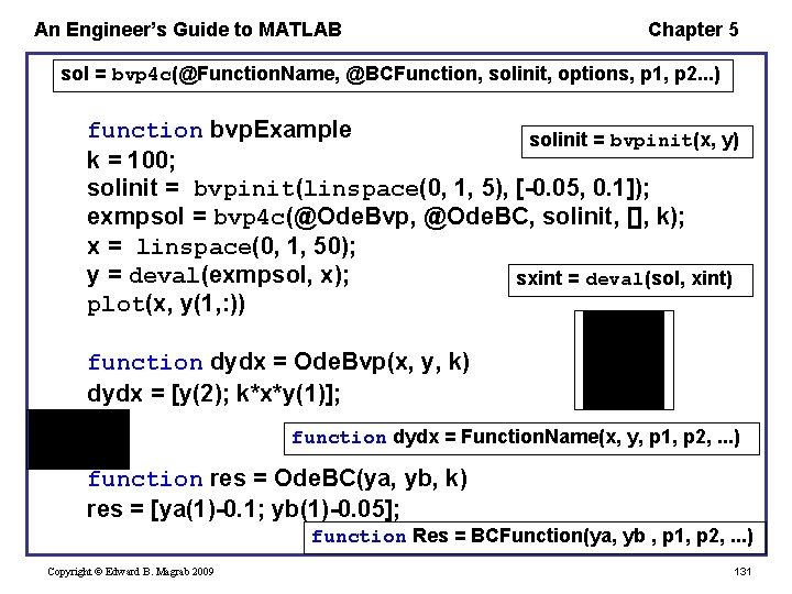 An Engineer’s Guide to MATLAB Chapter 5 sol = bvp 4 c(@Function. Name, @BCFunction,