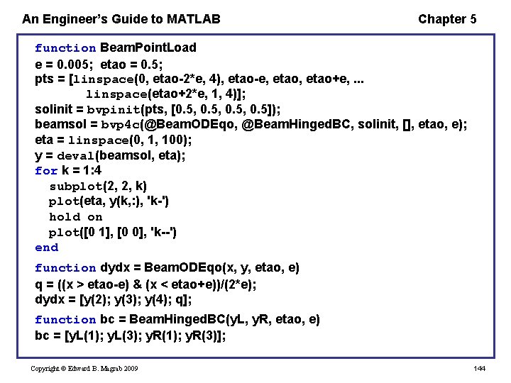 An Engineer’s Guide to MATLAB Chapter 5 function Beam. Point. Load e = 0.