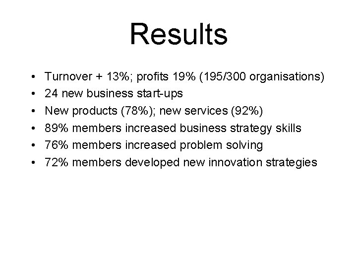 Results • • • Turnover + 13%; profits 19% (195/300 organisations) 24 new business