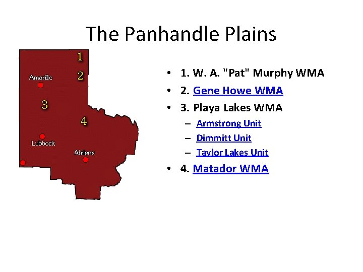 The Panhandle Plains • 1. W. A. "Pat" Murphy WMA • 2. Gene Howe