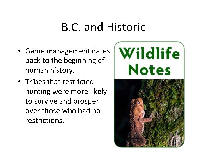 B. C. and Historic • Game management dates back to the beginning of human