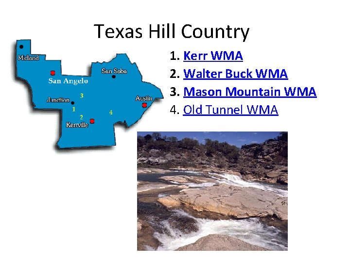Texas Hill Country 1. Kerr WMA 2. Walter Buck WMA 3. Mason Mountain WMA