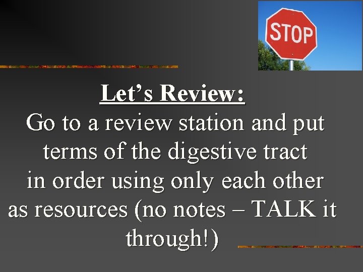 Let’s Review: Go to a review station and put terms of the digestive tract