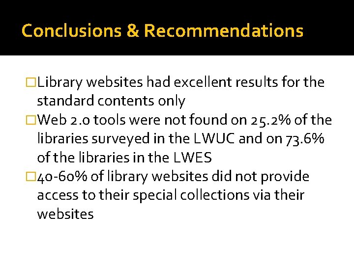 Conclusions & Recommendations �Library websites had excellent results for the standard contents only �Web