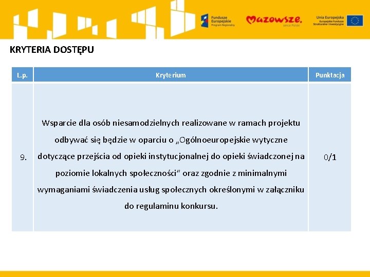 KRYTERIA DOSTĘPU L. p. Kryterium Punktacja Wsparcie dla osób niesamodzielnych realizowane w ramach projektu