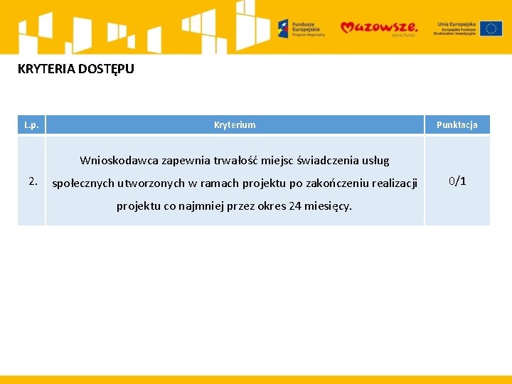 KRYTERIA DOSTĘPU L. p. Kryterium Punktacja Wnioskodawca zapewnia trwałość miejsc świadczenia usług 2. społecznych