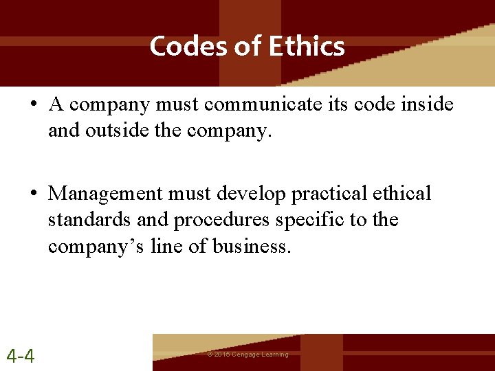 Codes of Ethics • A company must communicate its code inside and outside the