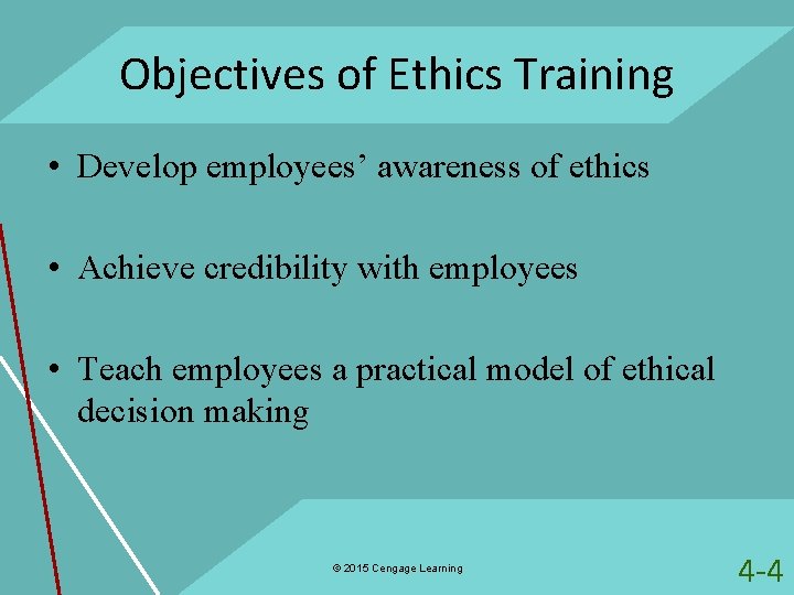 Objectives of Ethics Training • Develop employees’ awareness of ethics • Achieve credibility with
