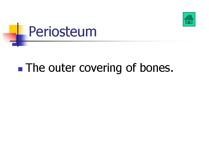 Periosteum n The outer covering of bones. 