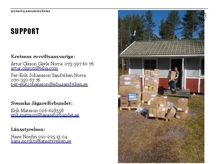BJÖRNSPILLNINGSINVENTERING SUPPORT Kretsens rovviltsansvarige: Artur Olsson Gävle Norra 073 -397 60 76 artur. olsson@telia.