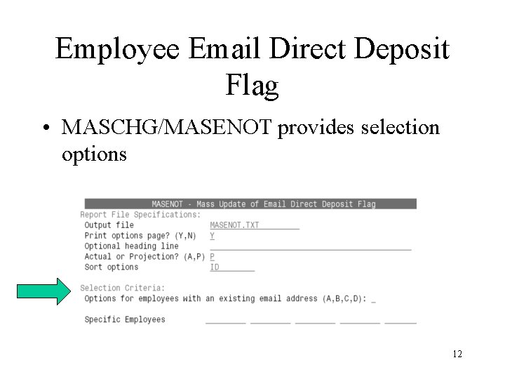 Employee Email Direct Deposit Flag • MASCHG/MASENOT provides selection options 12 