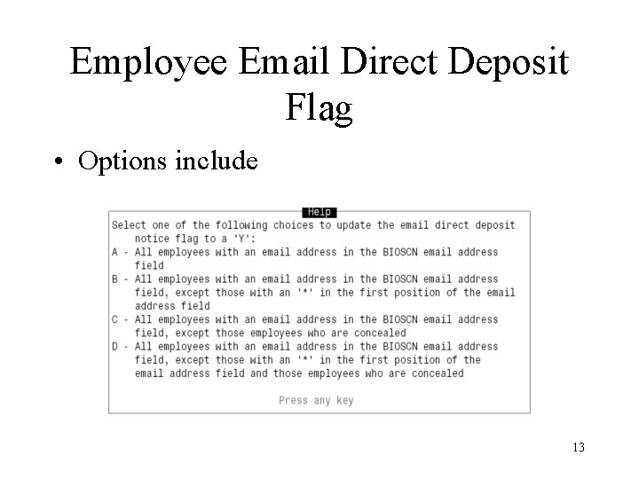 Employee Email Direct Deposit Flag • Options include 13 