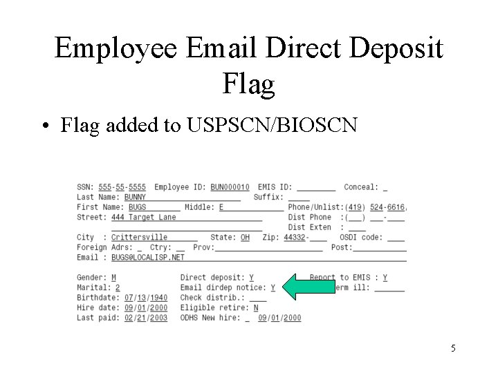 Employee Email Direct Deposit Flag • Flag added to USPSCN/BIOSCN 5 