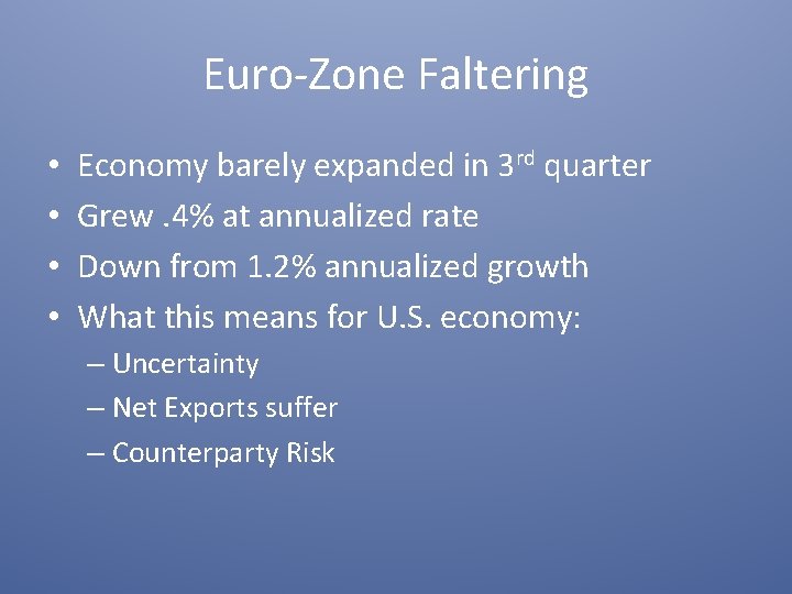 Euro-Zone Faltering • • Economy barely expanded in 3 rd quarter Grew. 4% at